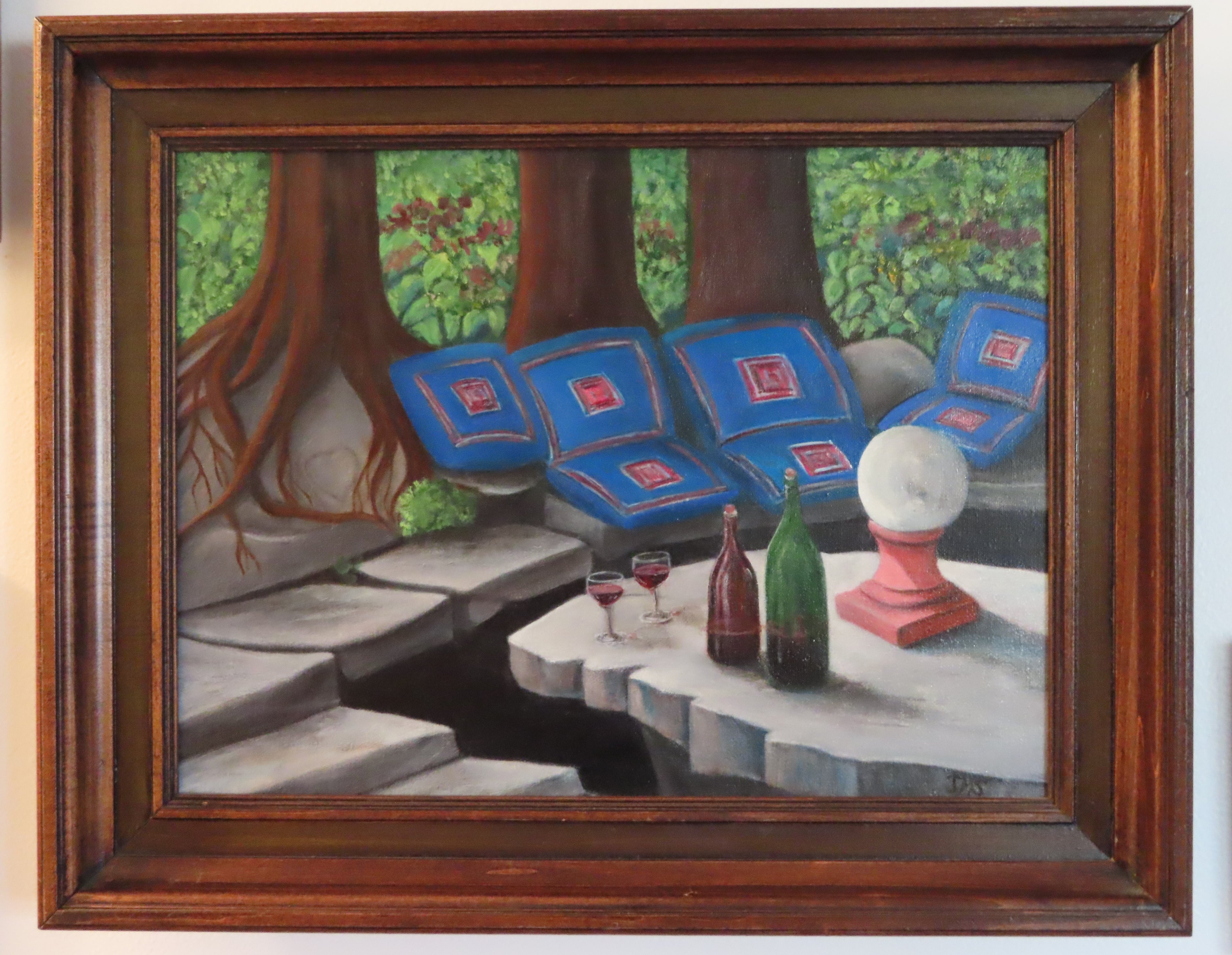 original oil painting, intimate setting, wine, nature, framed in walnut wood frame