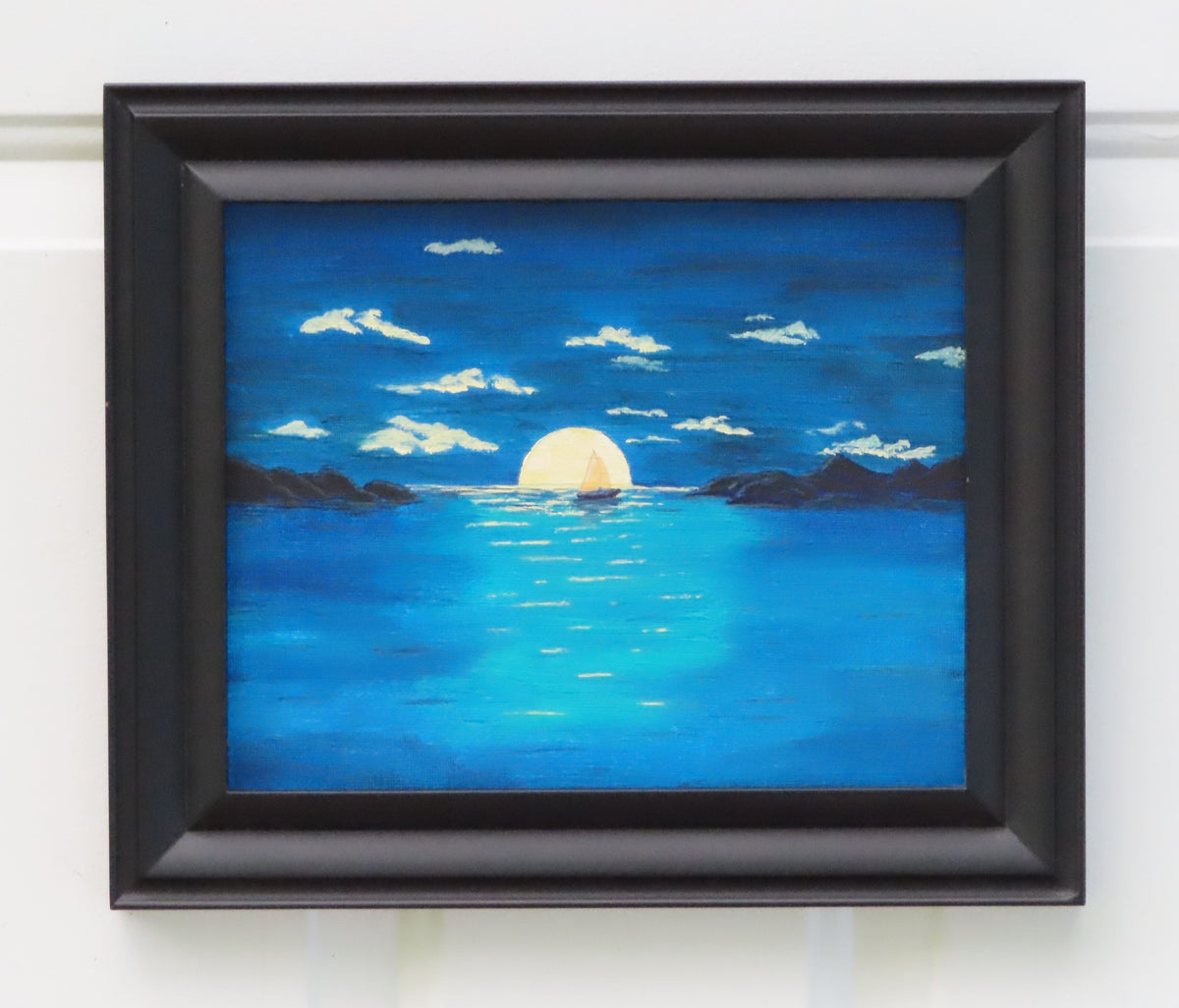 8x10" original acrylic painting, moonrise over ocean, moonlit clouds, saiboat, headlands, framed