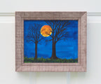 8x10" original acrylic painting, harvest moon, trees, framed, shown in brighter light