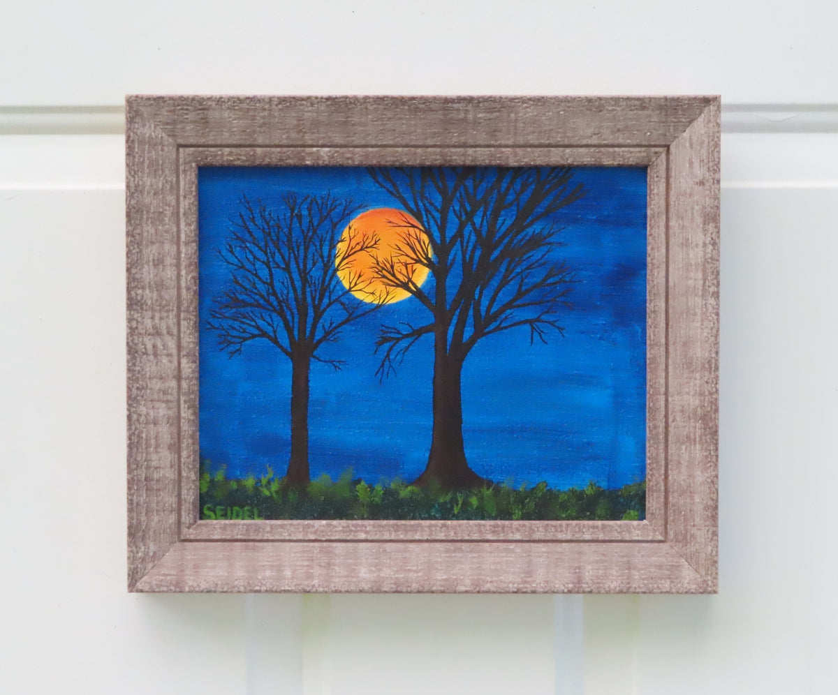 8x10" original acrylic painting, harvest moon, trees, framed, shown in brighter light