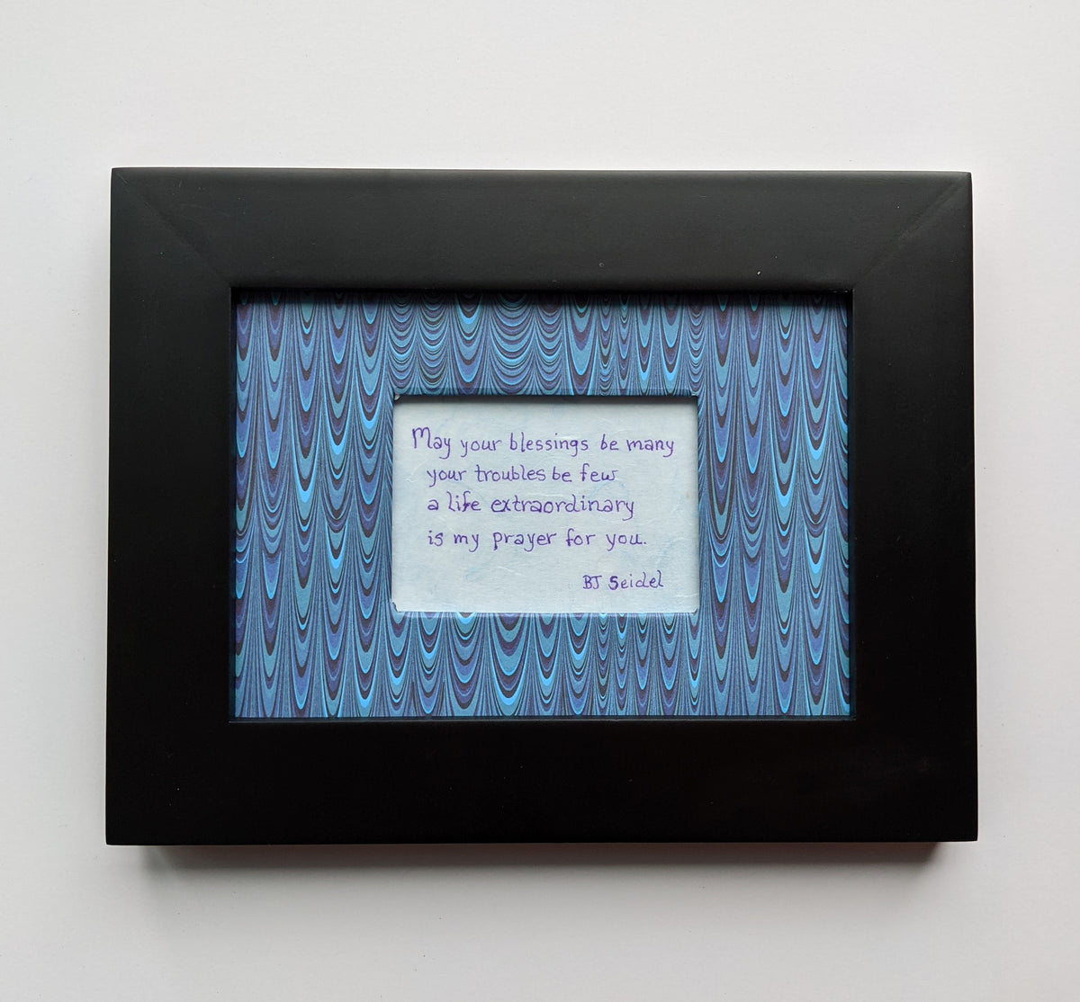 5x7" original inspirational artwork, mixed media, handmade paper with inspirational quote, multicolored inside matt and framed in black