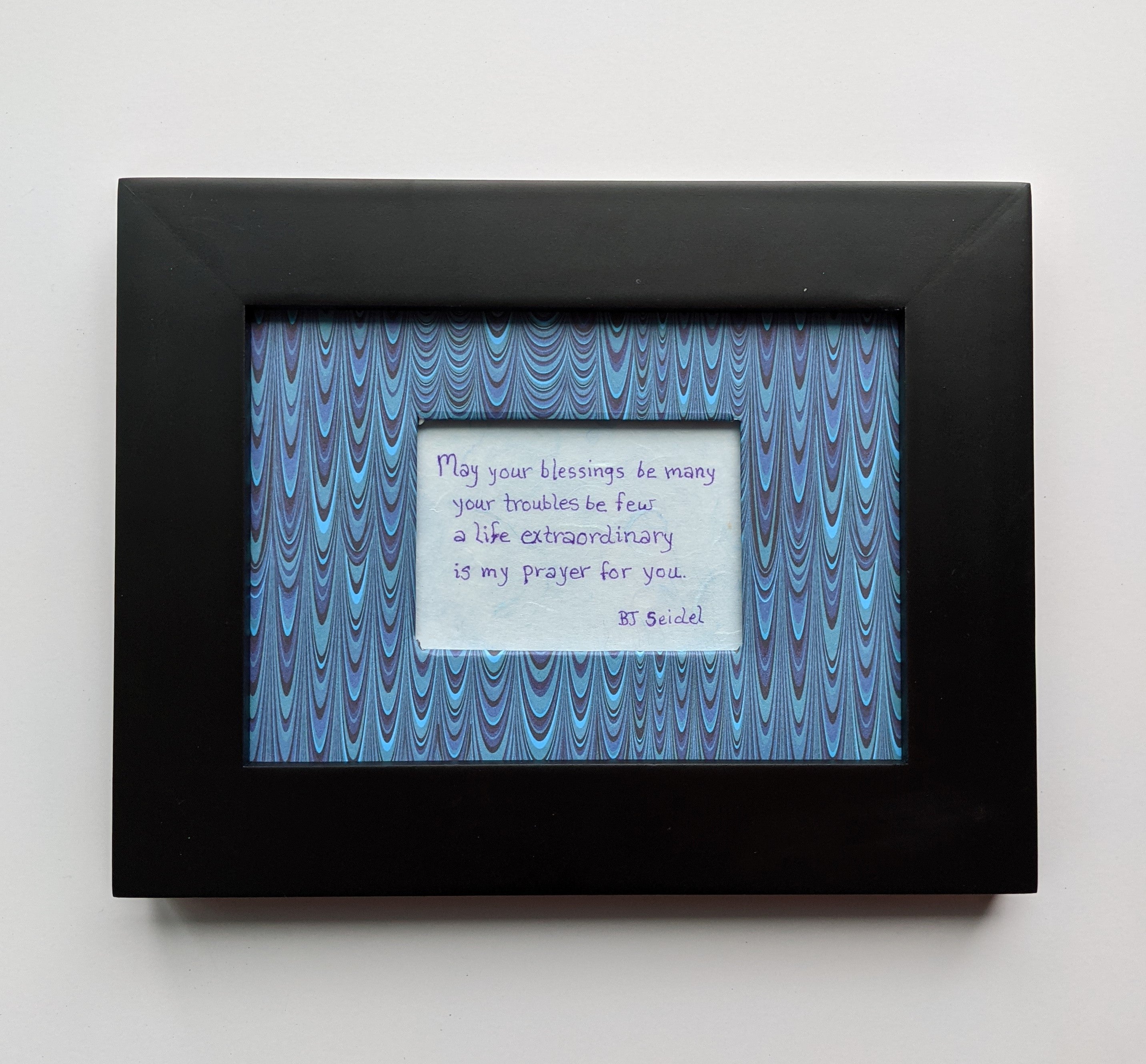 5x7" original inspirational artwork, mixed media, handmade paper with inspirational quote, multicolored inside matt and framed in black
