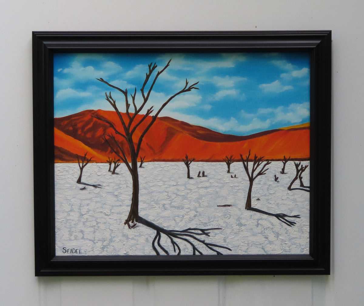 16x20 original oil painting, bright colors, red mountains, white salt flats, blue skies, framed