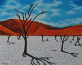 16x20 original oil painting, bright colors, red mountains, white salt flats, blue skies, unframed