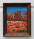 8x10" original oil painting, red rock canyon, hoodoos, trails, blue sky, framed in red oak