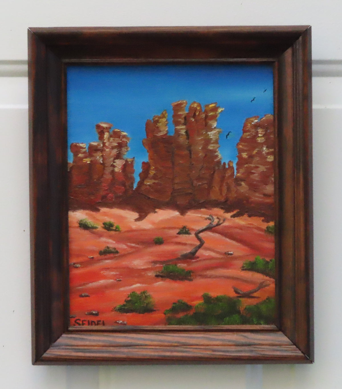 8x10" original oil painting, red rock canyon, hoodoos, trails, blue sky, framed in red oak