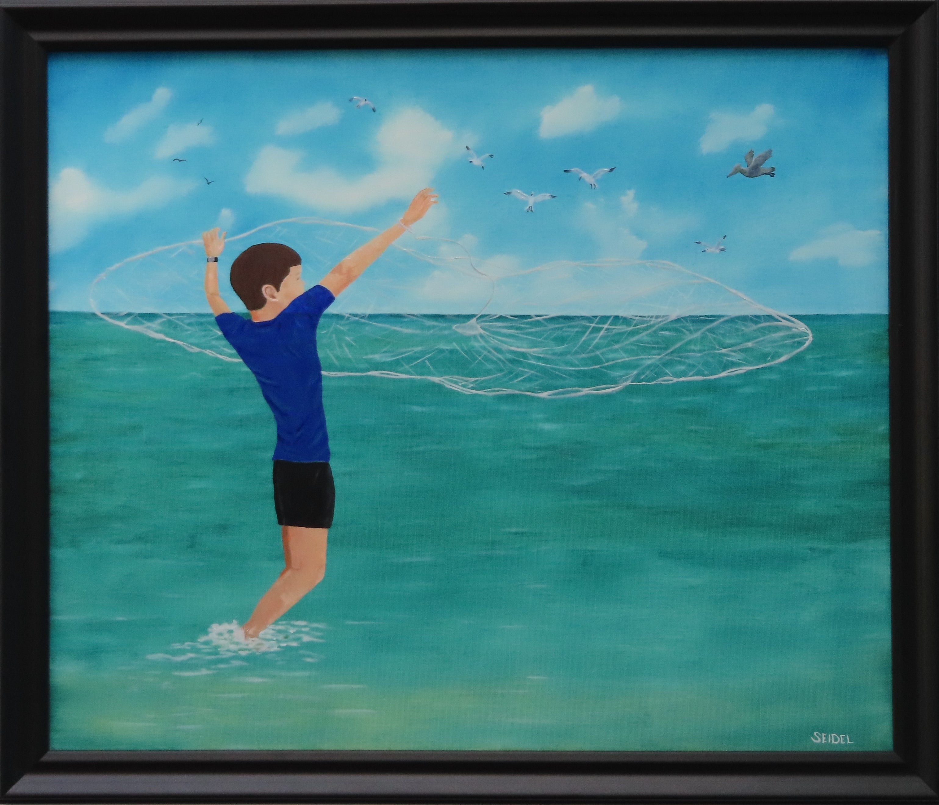 original oil painting, beautiful ocean colors, boy net fishing, seagulls and pelican interested, framed