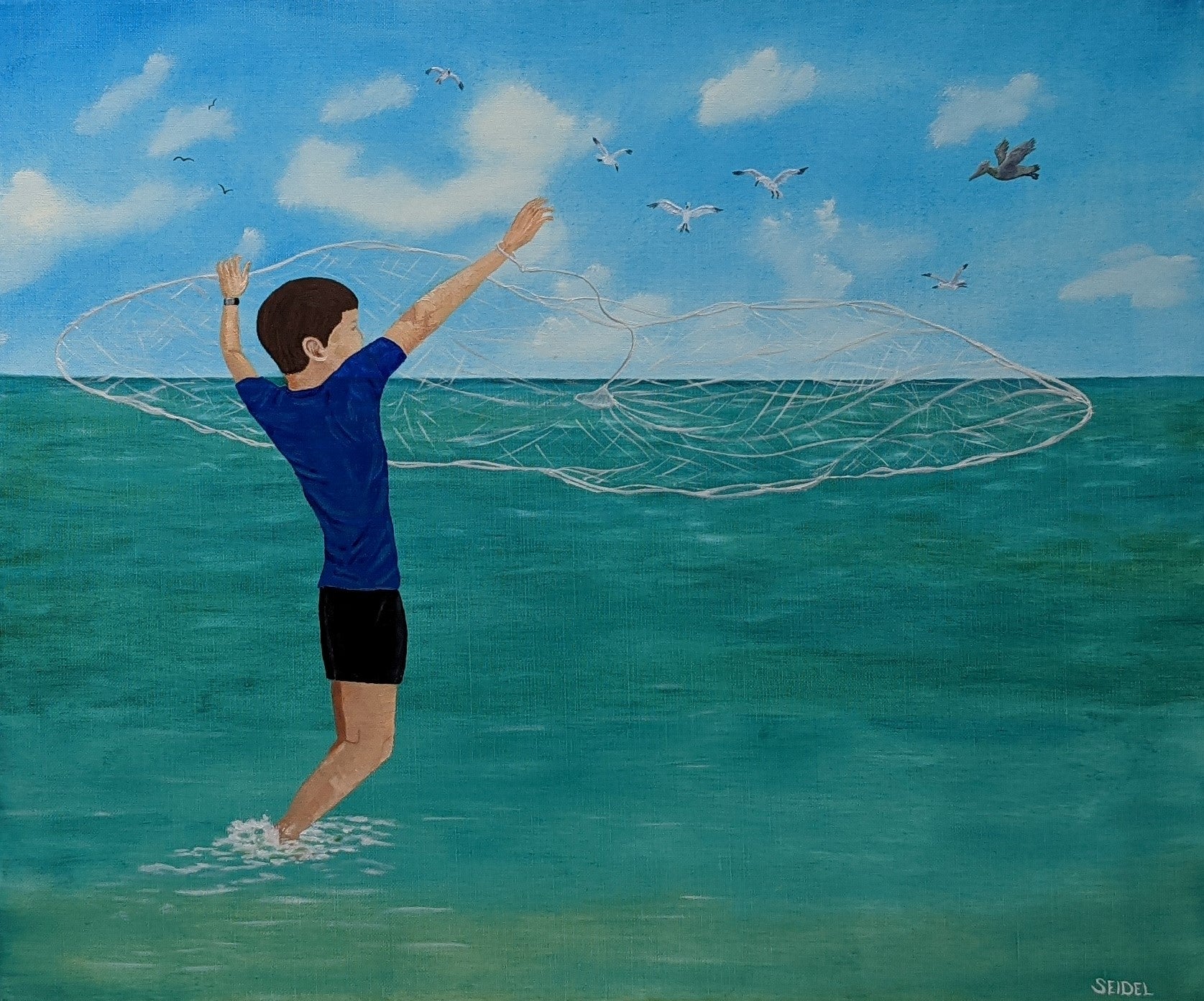 original oil painting beautiful ocean colors, boy net fishing, seagulls and pelican interested, unframed