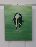 original 11x14 oil painting, two orca whales  seem to dance to the surface of the ocean, unframed