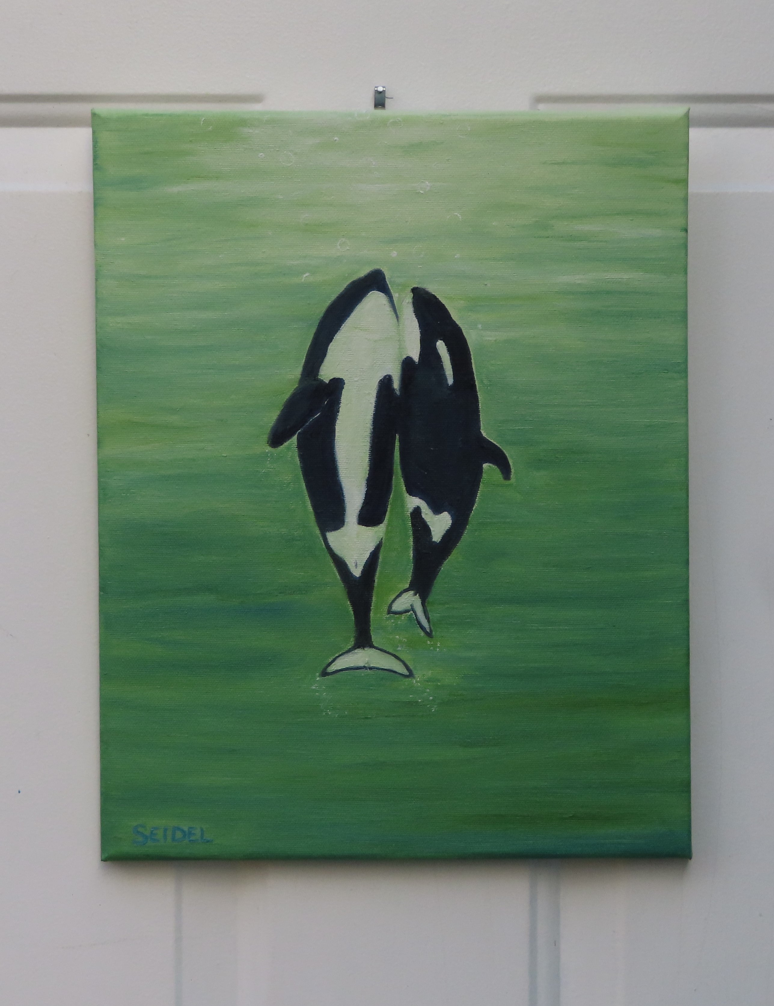 original 11x14 oil painting, two orca whales  seem to dance to the surface of the ocean, unframed