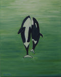 original 11x14 oil painting, two orca whales  seem to dance to the surface of the ocean, unframed