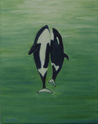 original 11x14 oil painting, two orca whales  seem to dance to the surface of the ocean, unframed