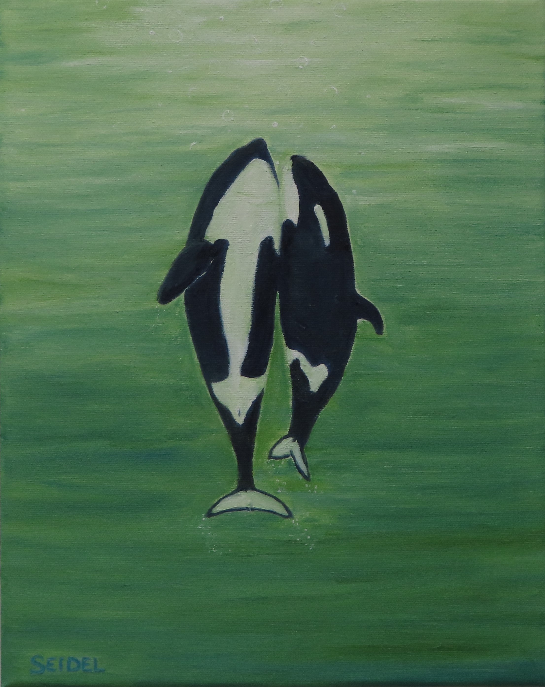 original 11x14 oil painting, two orca whales  seem to dance to the surface of the ocean, unframed