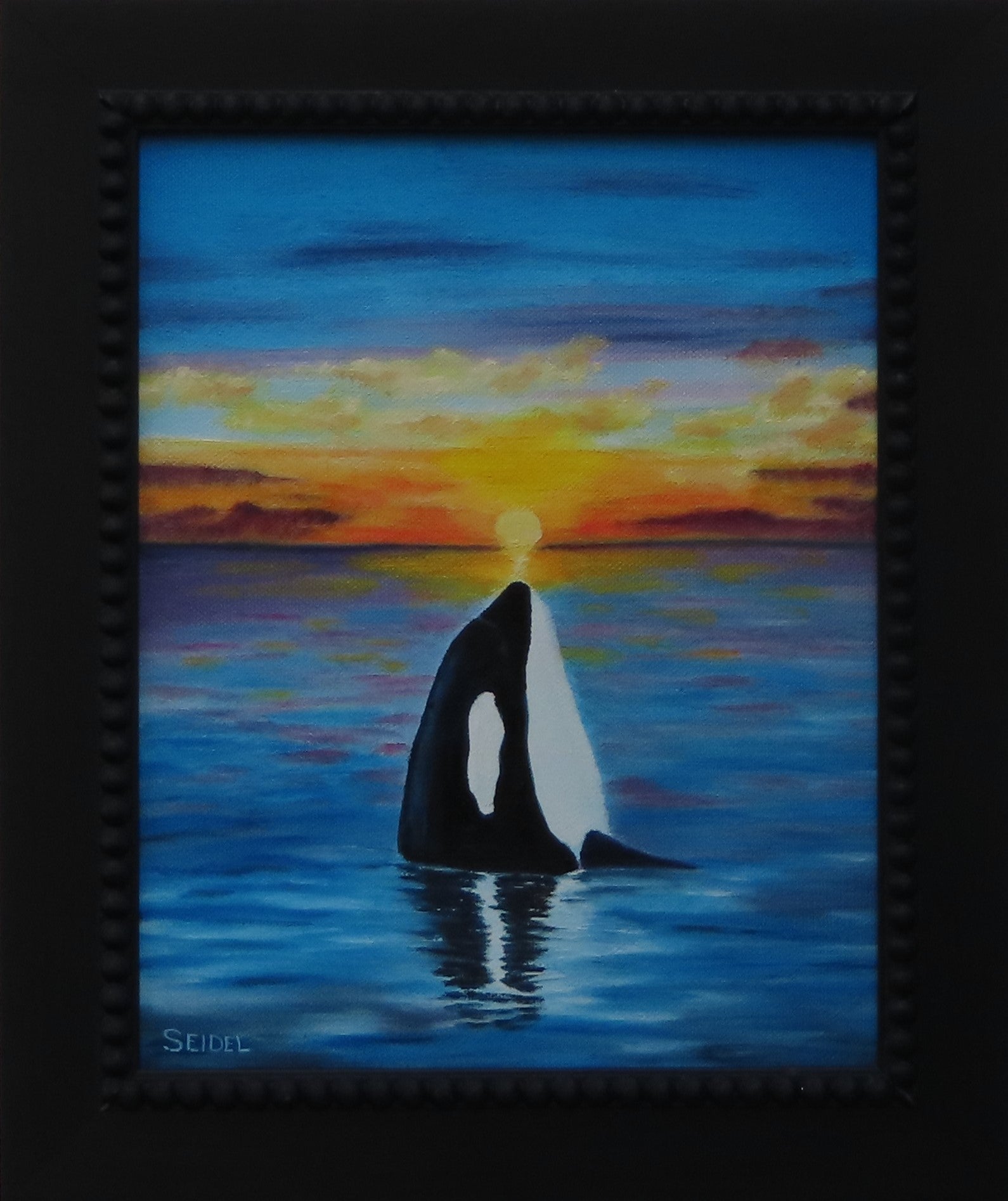original 8x10 oil painting, orca whale seems to watch sunset, framed in black