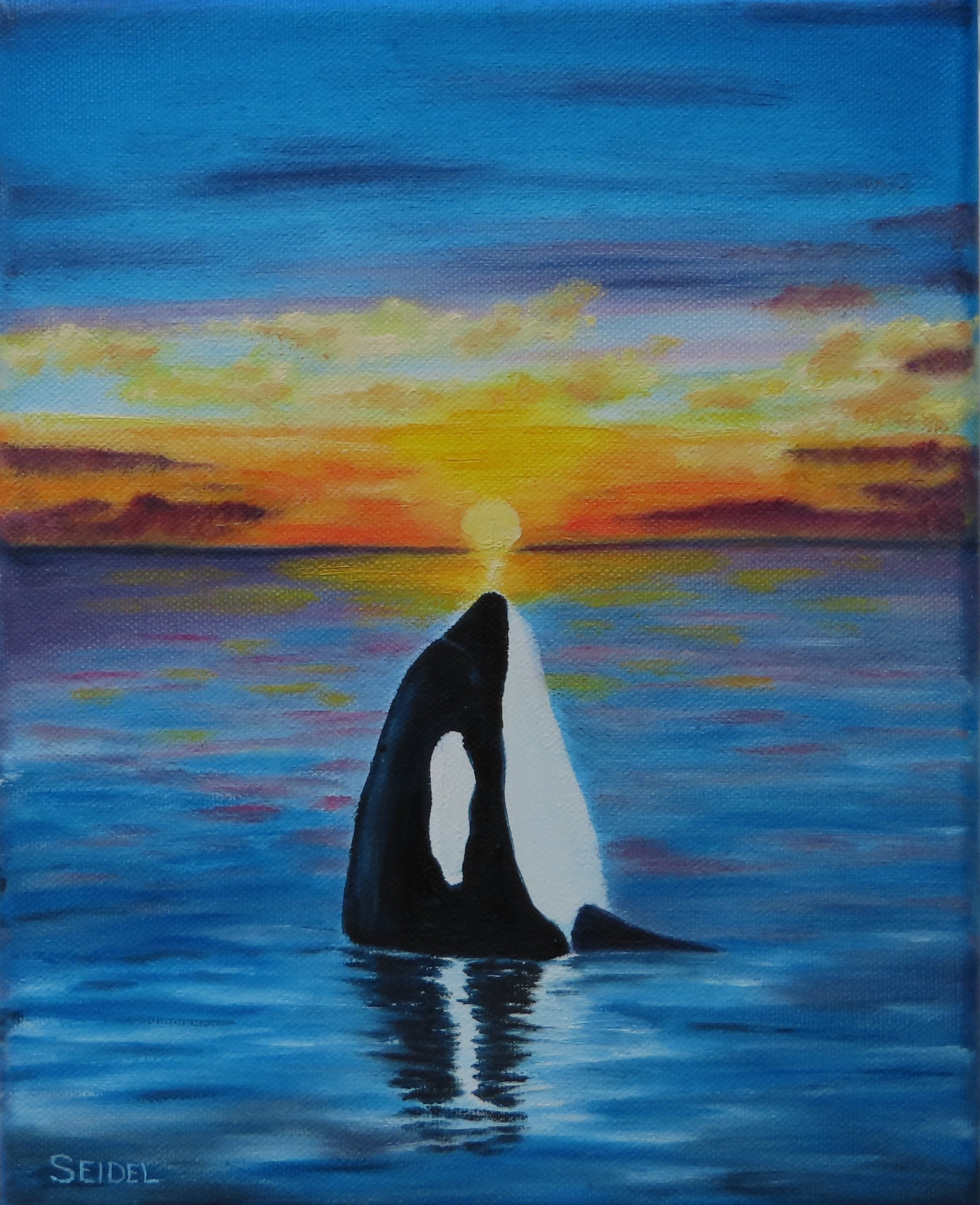 original 8x10 oil painting, orca whale seems to watch sunset, unframed