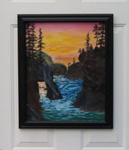 original oil painting, rugged coastline, ocean, lovely sunset and reflection, framed in modern black frame