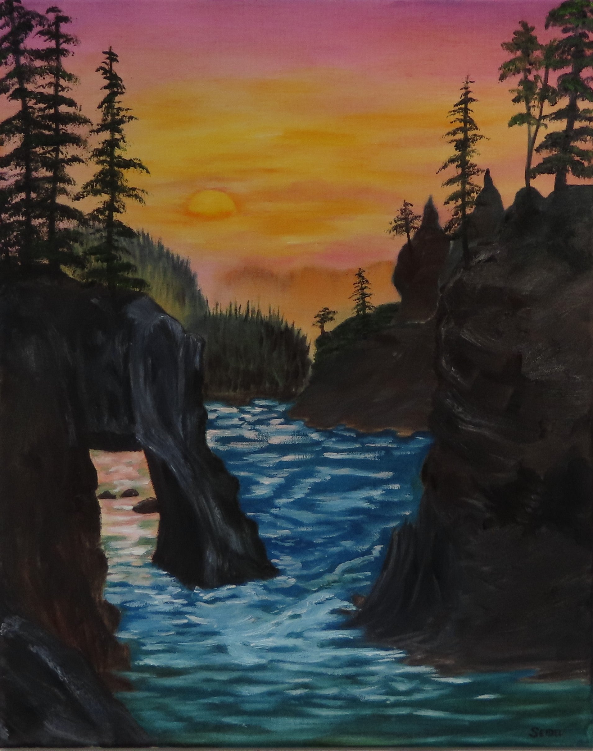 16x20 original oil painting, rugged coastline, ocean, lovely sunset and reflection, unframed