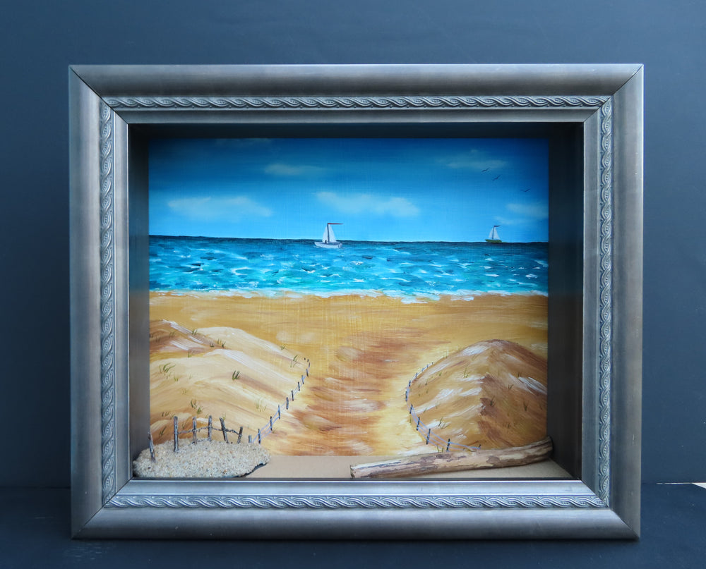 original acrylic painting, mixed media, ocean, sailboats, sand, fence, log in deep shadowbox