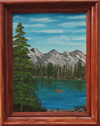 Original 9x12 oil painting of lake, mountains, canoe, framed in red oak wood frame