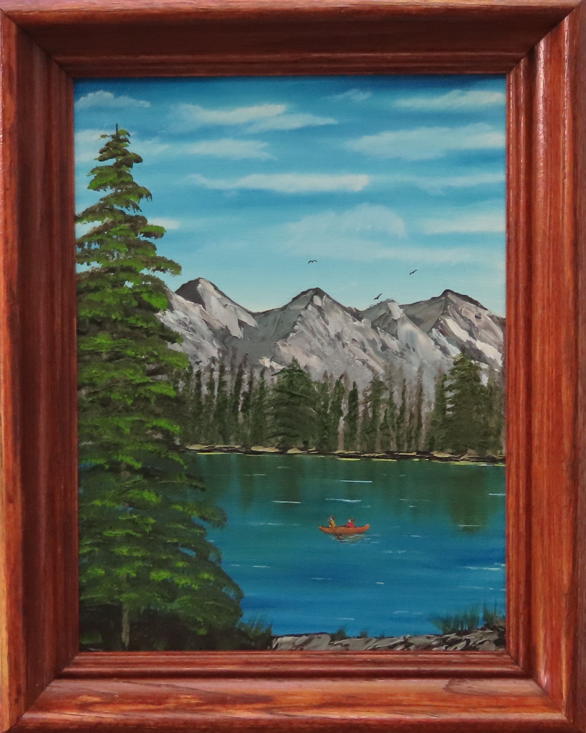 Peaceful Afternoon Original Oil Painting of lake, mountains, canoe, framed in red oak