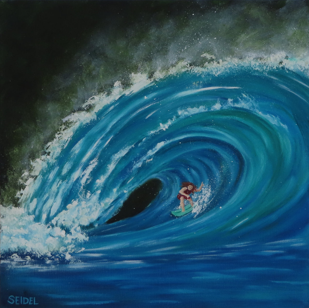 12x12" original oil painting of a surfer in the curl of a huge wave