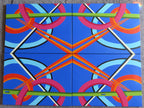 original abstract oil painting, 4 canvases complete the brightly colored geometric design, in an alternate arrangement, unframed