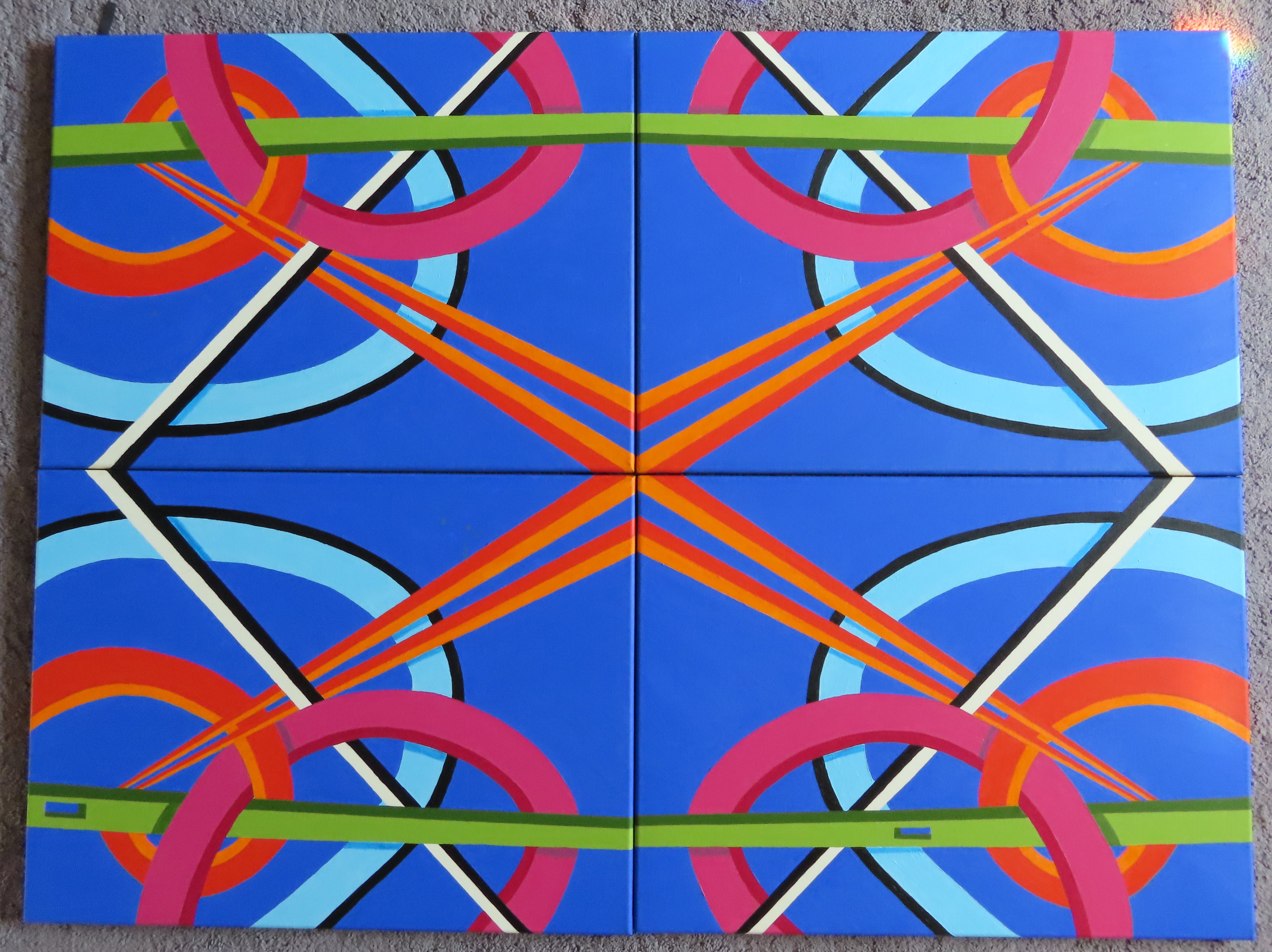 original abstract oil painting, 4 canvases complete the brightly colored geometric design, in an alternate arrangement, unframed