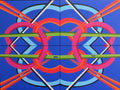 original abstract oil painting, 4 canvases complete the brightly colored geometric design, in a black surround frame