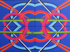 original abstract oil painting, 4 canvases complete the brightly colored geometric design, in a black surround frame