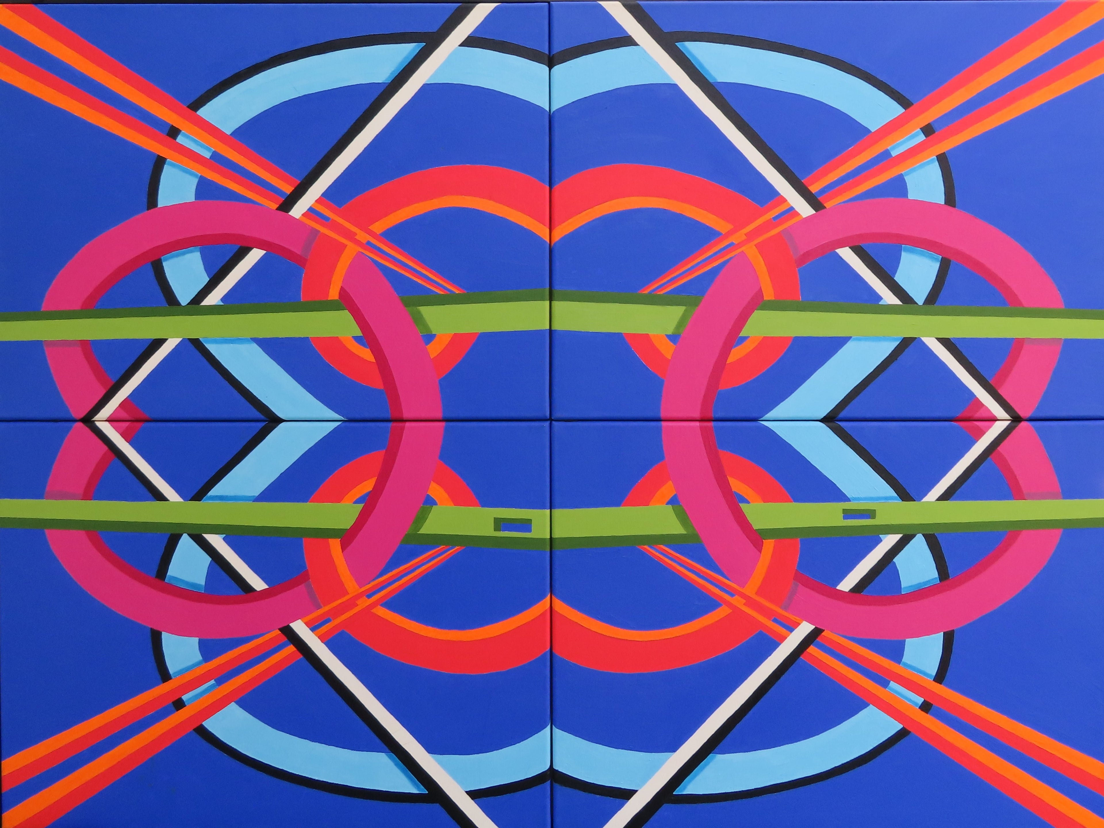 original abstract oil painting, 4 canvases complete the brightly colored geometric design, in a black surround frame