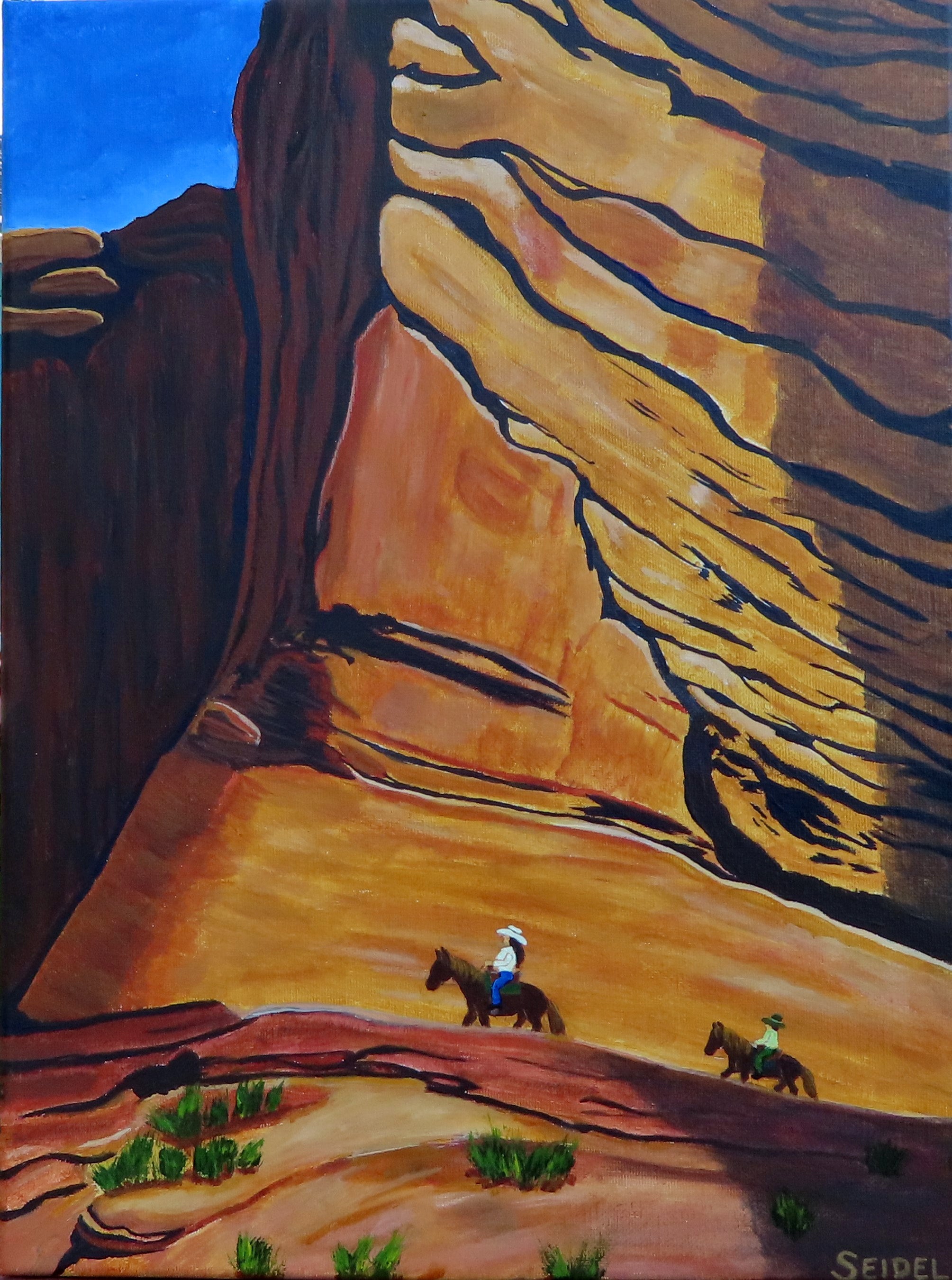Original Oil Painting, 11x14,painted on all sides, red rock canyon with 2 horsebackriders