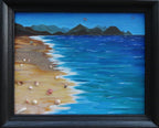 Original Mixed Media acrylic painting, ocean, sand, shells, framed in black