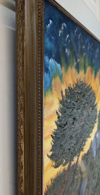 13 1/2x17" Original oil painting on board in ornate frame, trees highlighted by bright setting sun in Cali, showing the side of the ornate frame