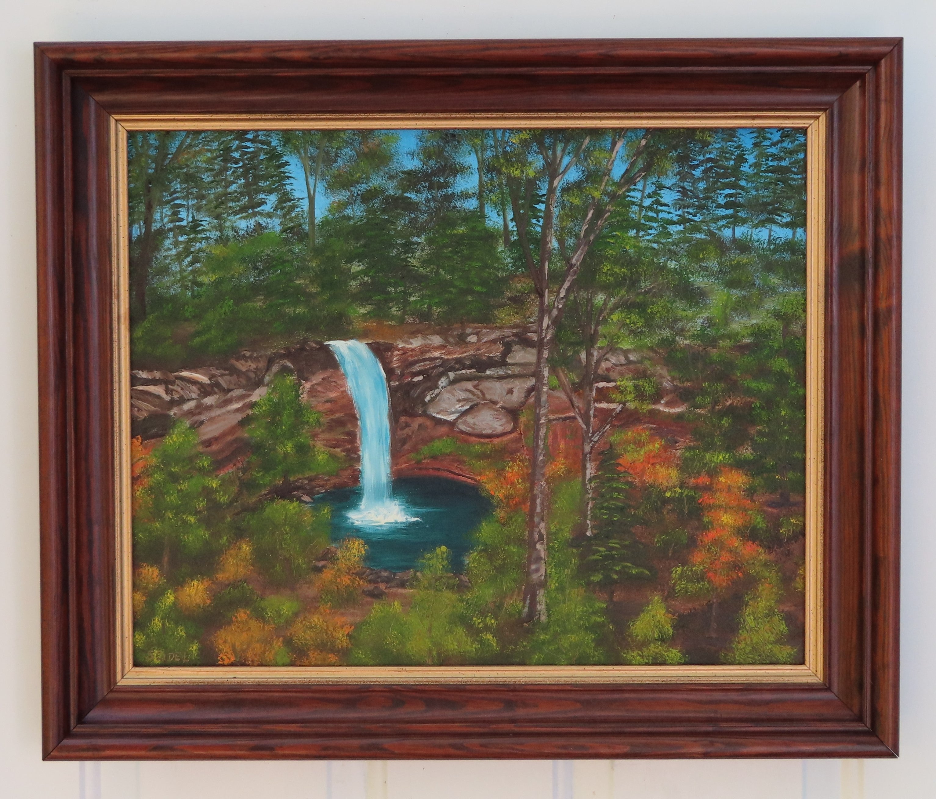 original 16x20 oil painting, waterfall  and pool amidst fall foilage, framed