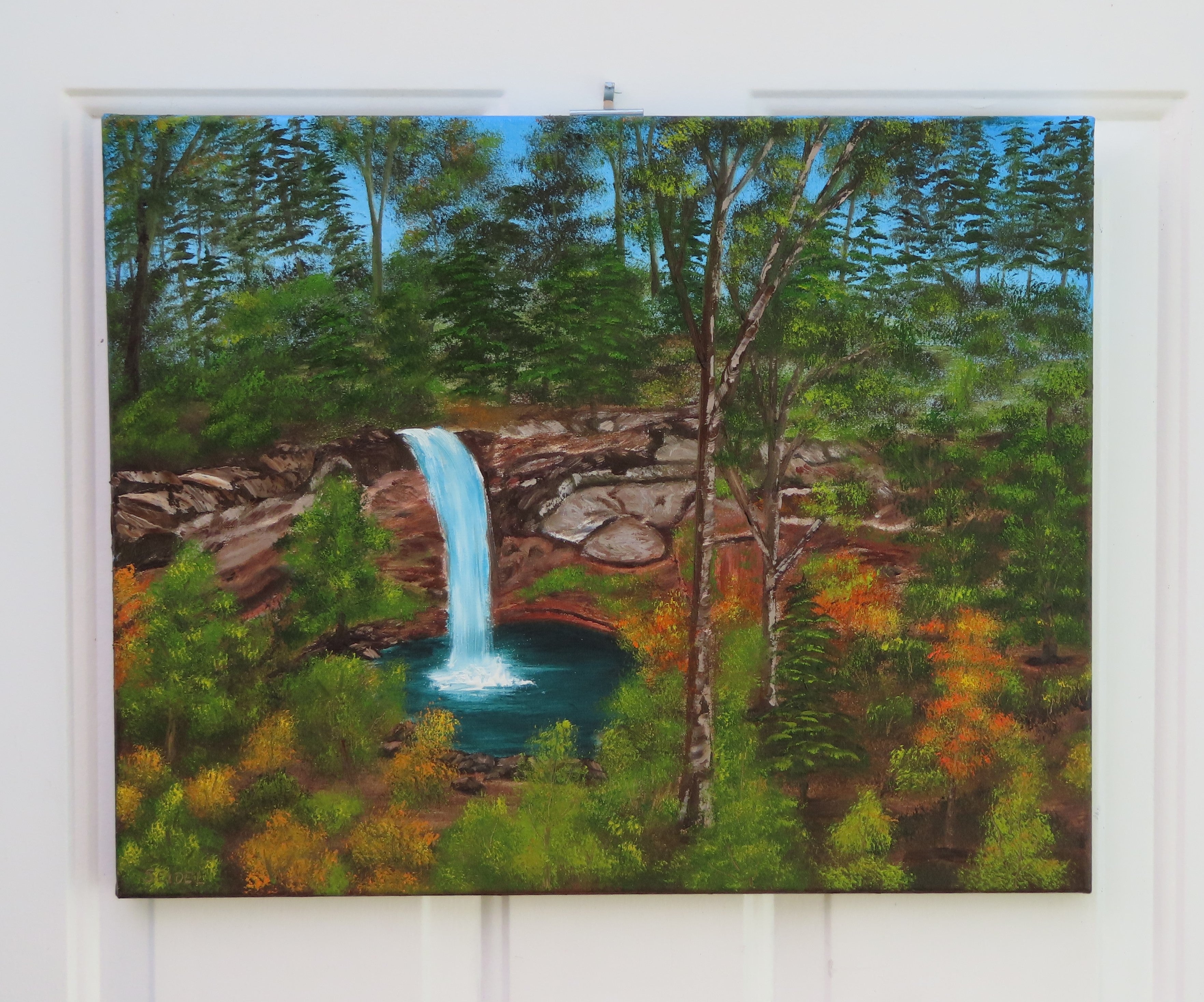 original 16x20  oil painting, waterfall  and pool amidst fall foilage, unframed