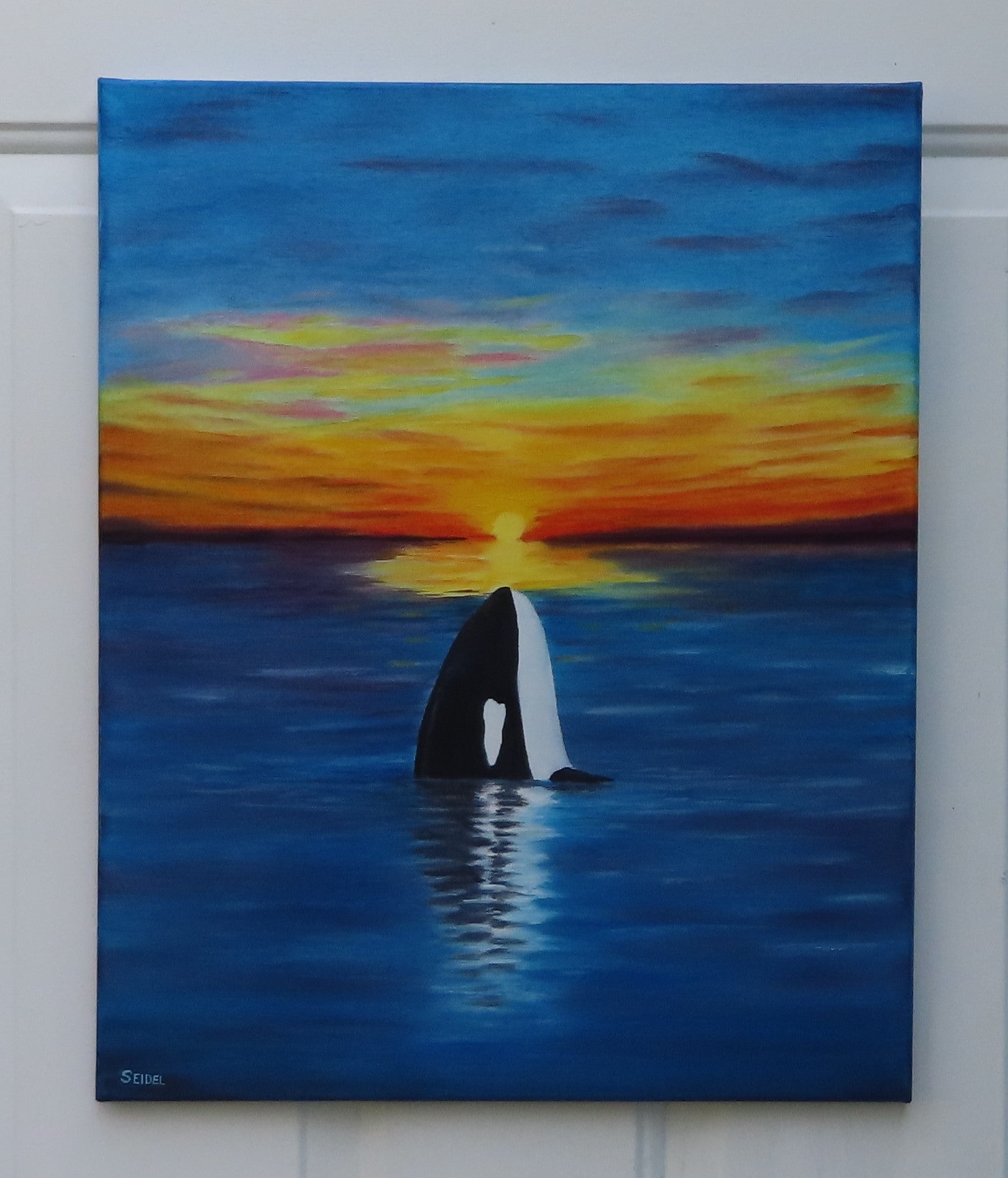 original 16x20 oil painting, orca whale, sunset, unframed