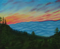 original oil painting, pastel sunrise over Smoky Mountains with clouds in the valley, unframed