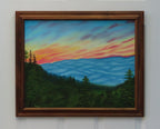 original oil painting, pastel sunrise over Smoky Mountains with clouds in the valley, framed