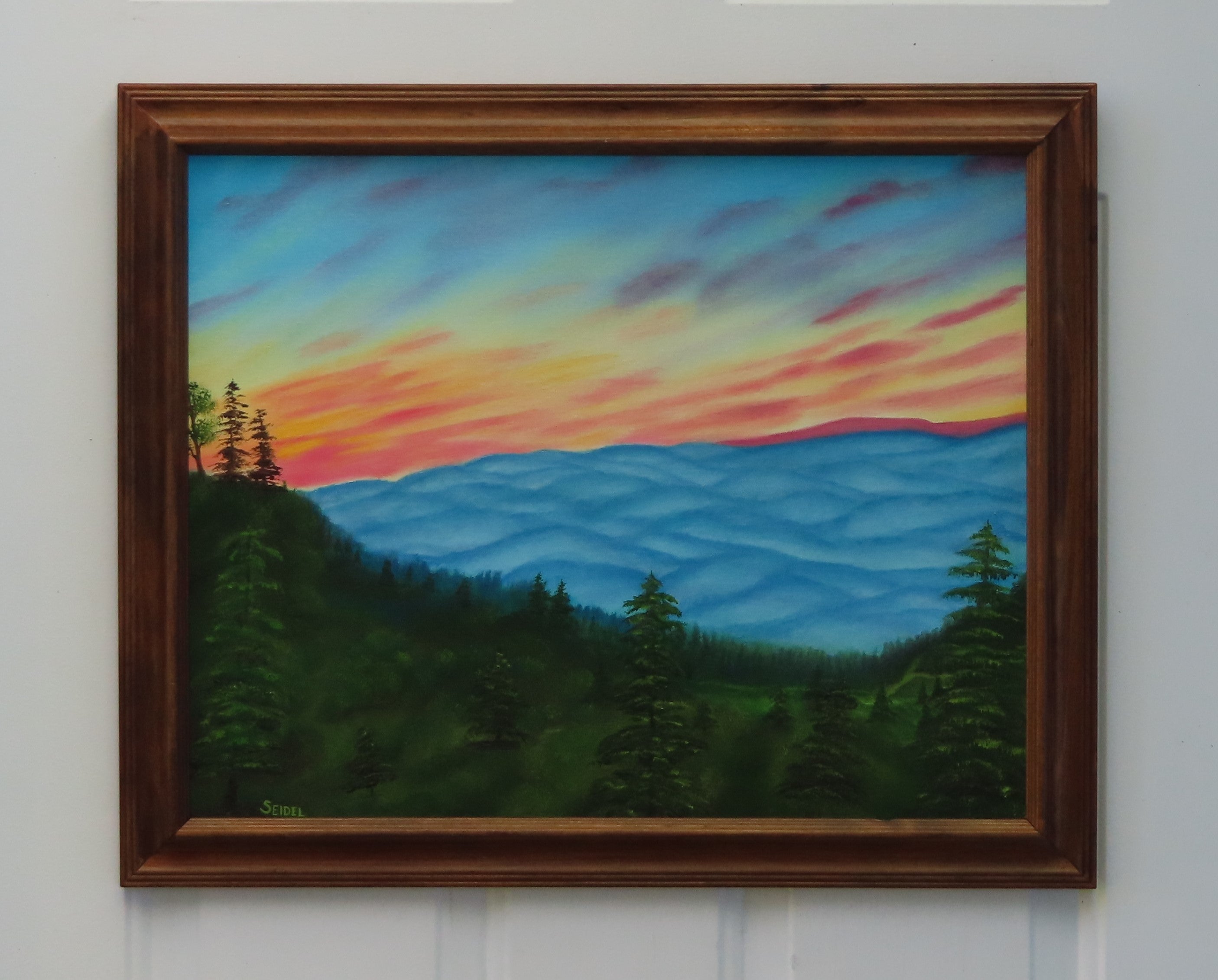 original oil painting, pastel sunrise over Smoky Mountains with clouds in the valley, framed