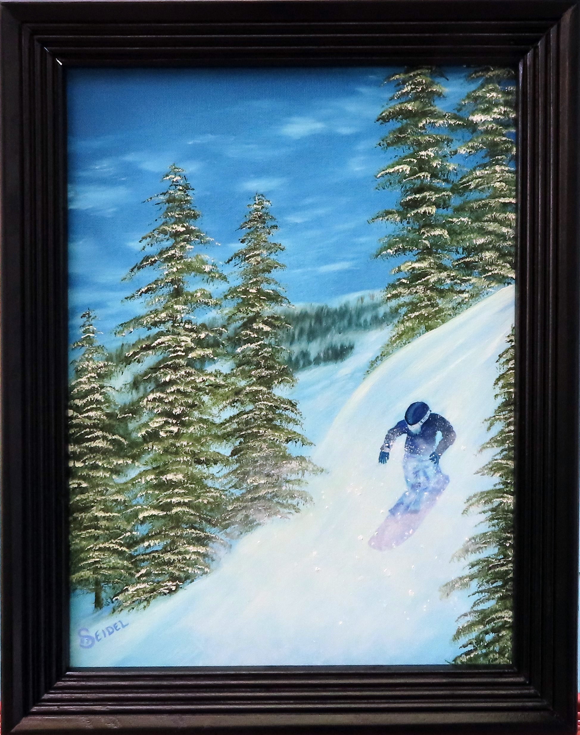 Original Oil Painting, Snowboarder on mountain, framed