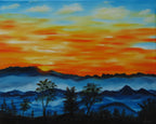 original oil painting, brilliant sunrise over misty mountains and trees, unframed