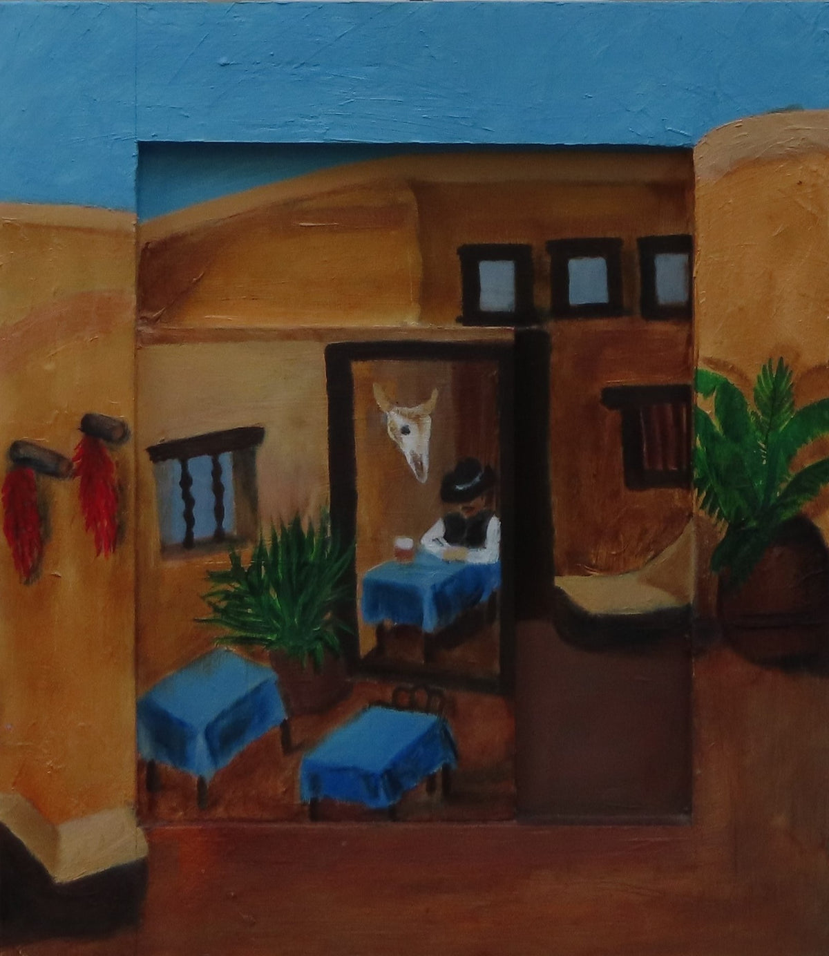 12 1/2 x 14" Original oil painting on wood, mixed media, 3 dimensional, painting continues onto frame