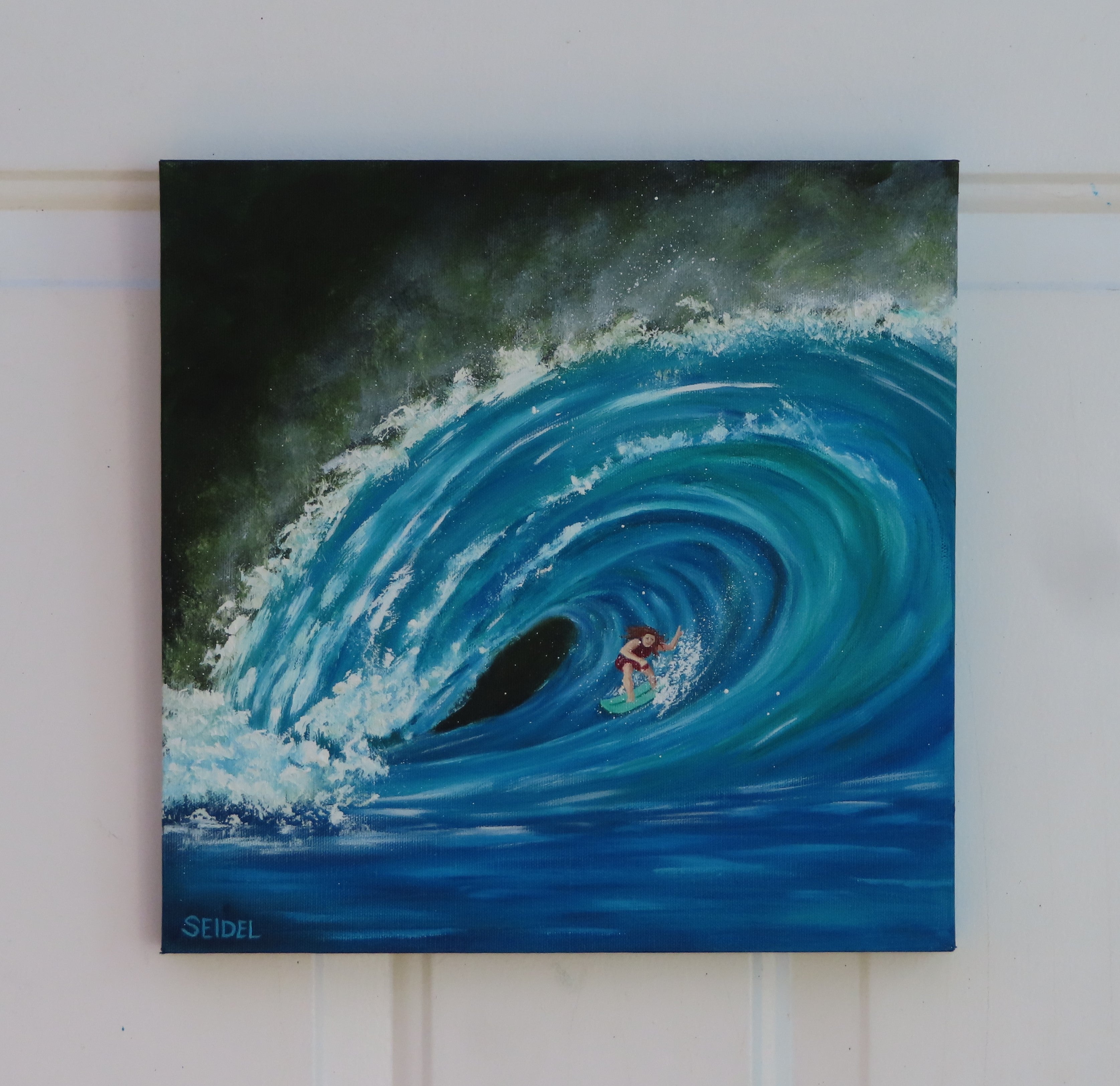 12x12" original oil painting of a surfer in the curl of a huge wave