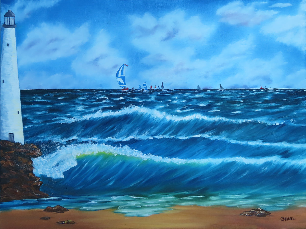 18x24" Original oil painting, racing sailboats  ocean, beach, lighthouse, unframed