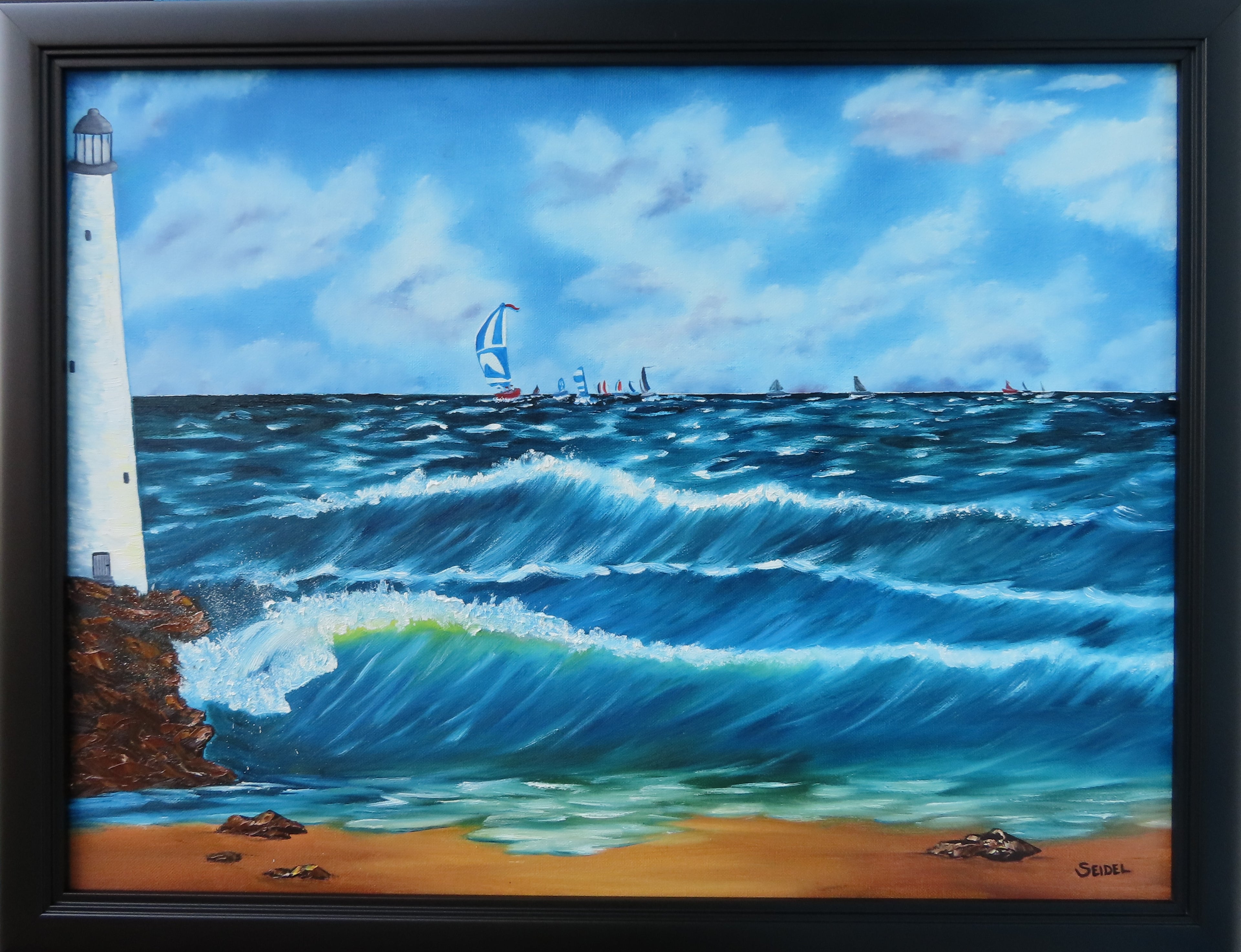 18x24" Original oil painting, racing sailboats  ocean, beach, lighthouse, framed