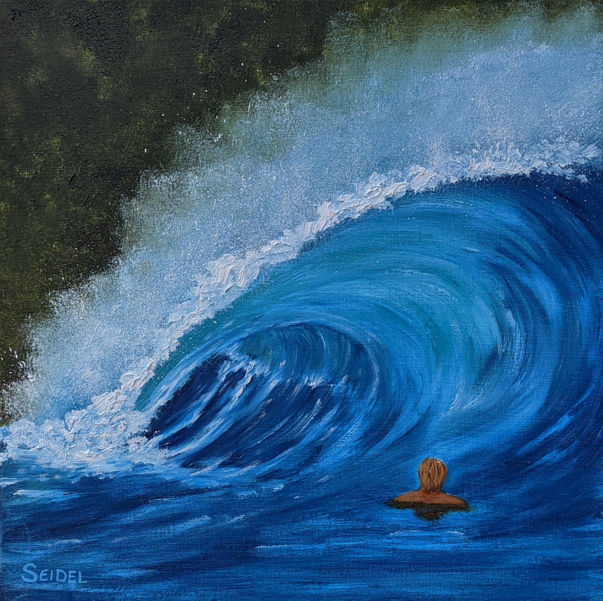 12x12" original oil painting, surfer viewing a large crashing wave, unframed
