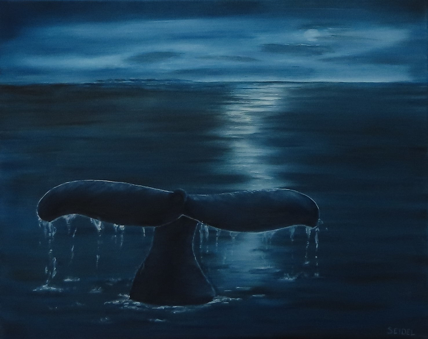 original 16x20 oil painting, moody skies, ocean, whale flukes, unframed