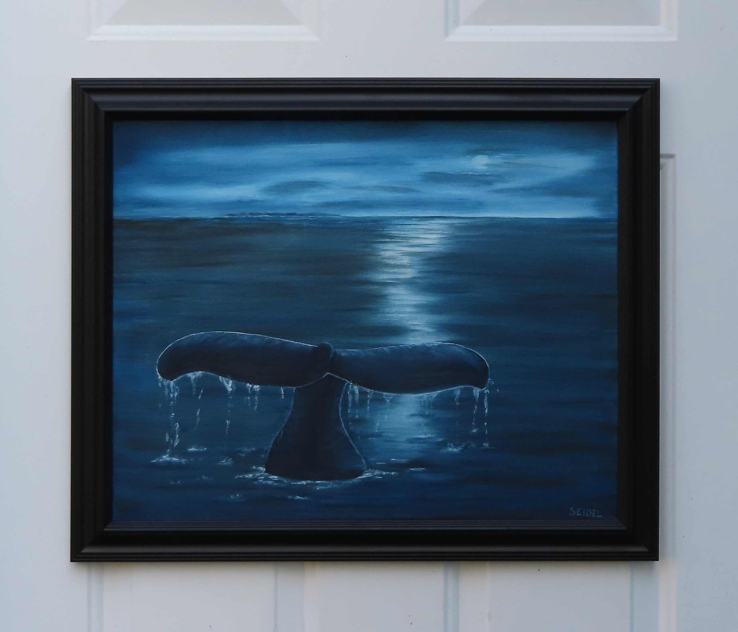 original 16x20 oil painting, moody skies, ocean, whale flukes, framed