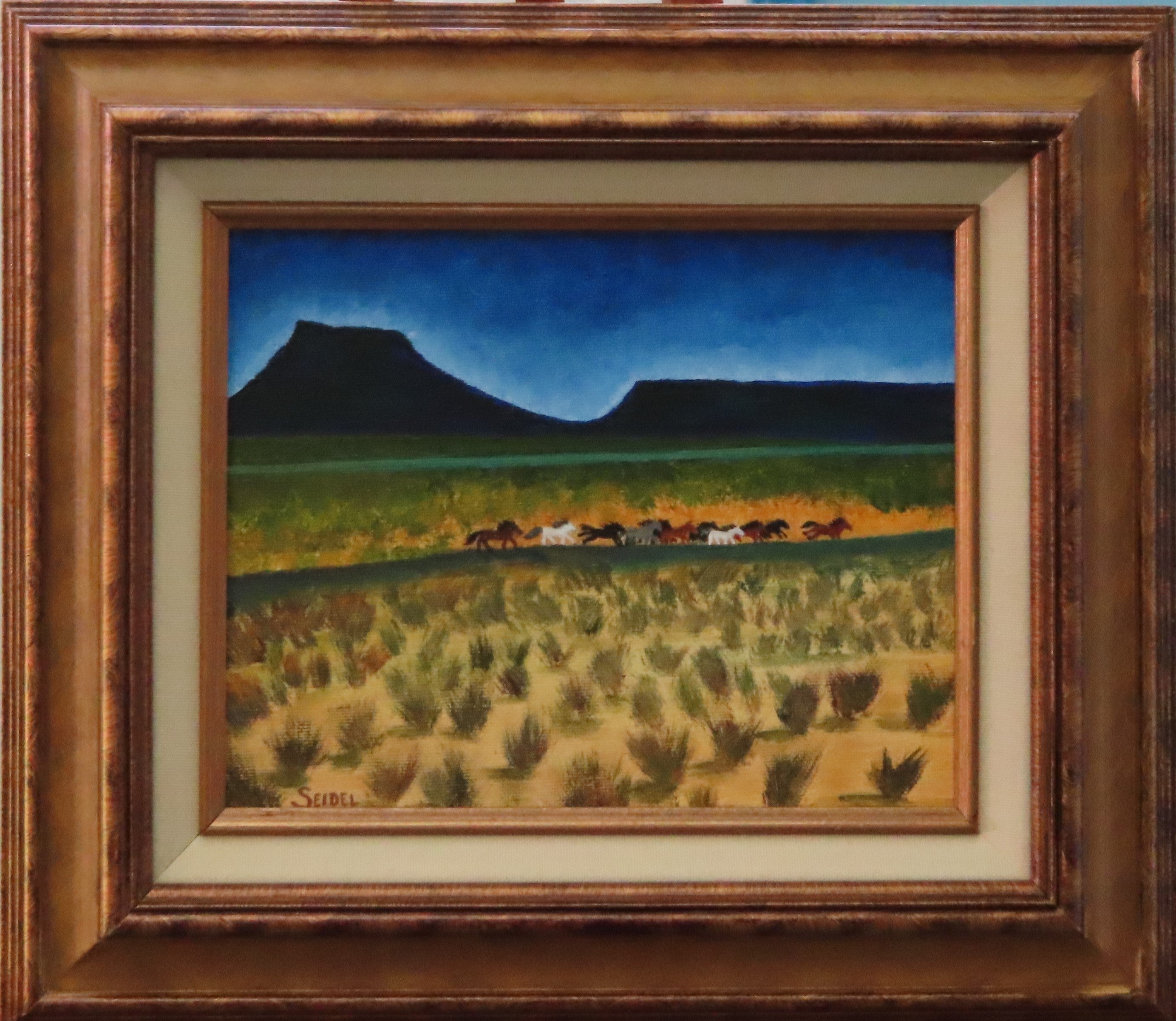 Wild Mustangs in countryside acrylic Painting on canvas board in ornate frame, after Maynard Dixon