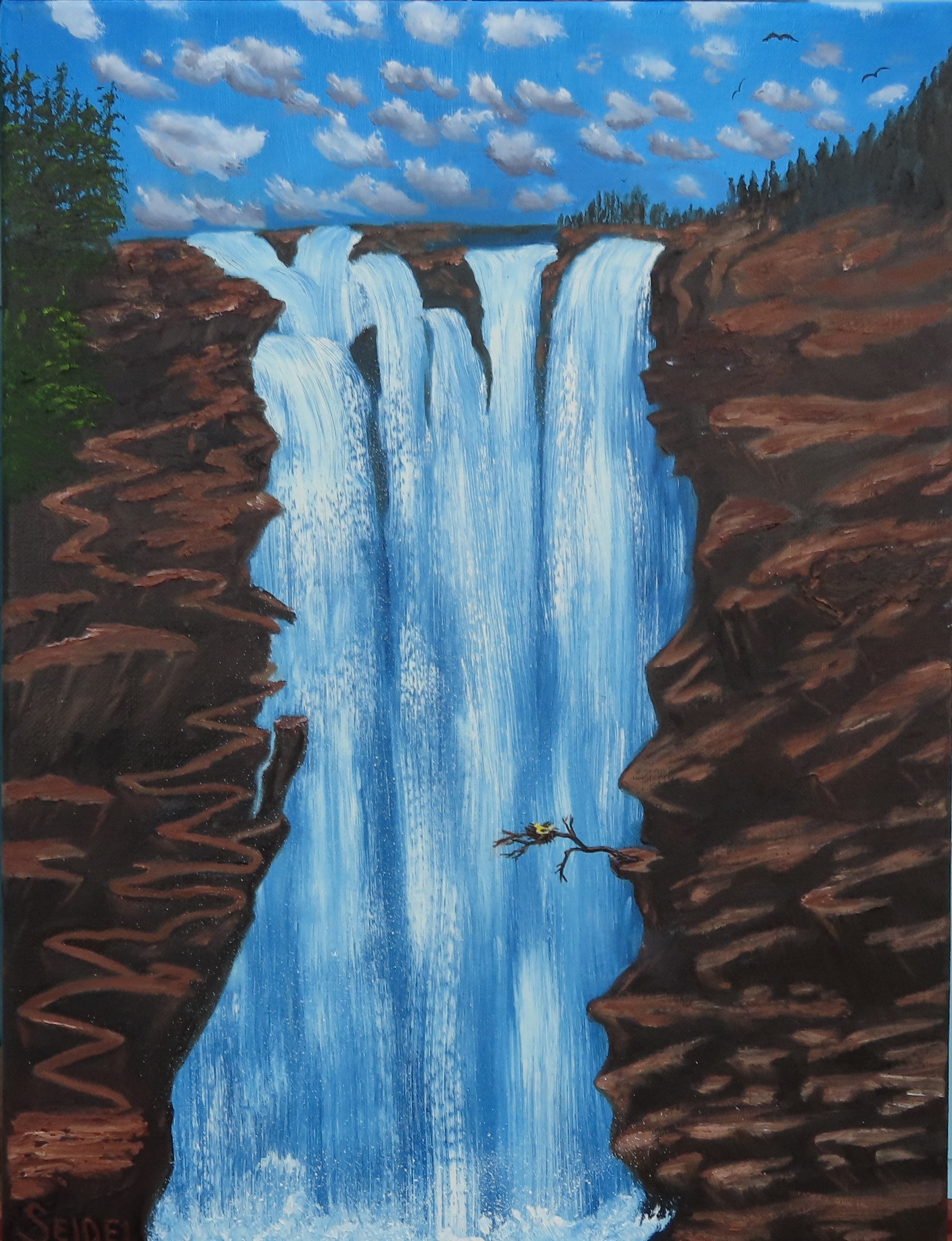 12x16" original oil painting, waterfalls, cliffs with trail, tiny bird, unframed